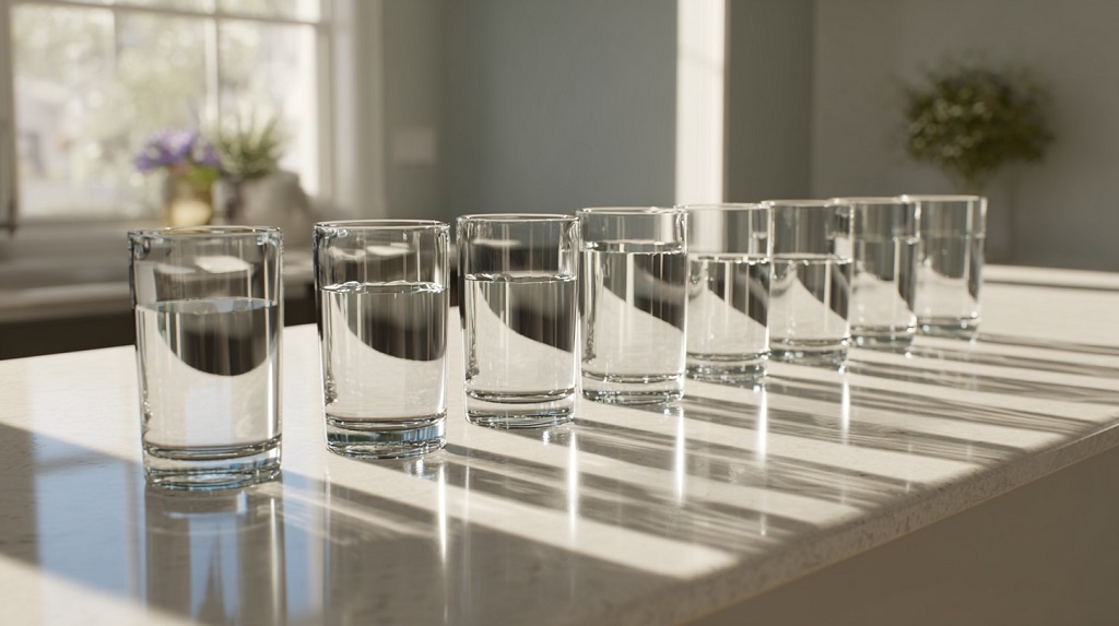 Eight clear glasses of water arranged in a row, some full and some half full, symbolizing the myth of "eight glasses a day