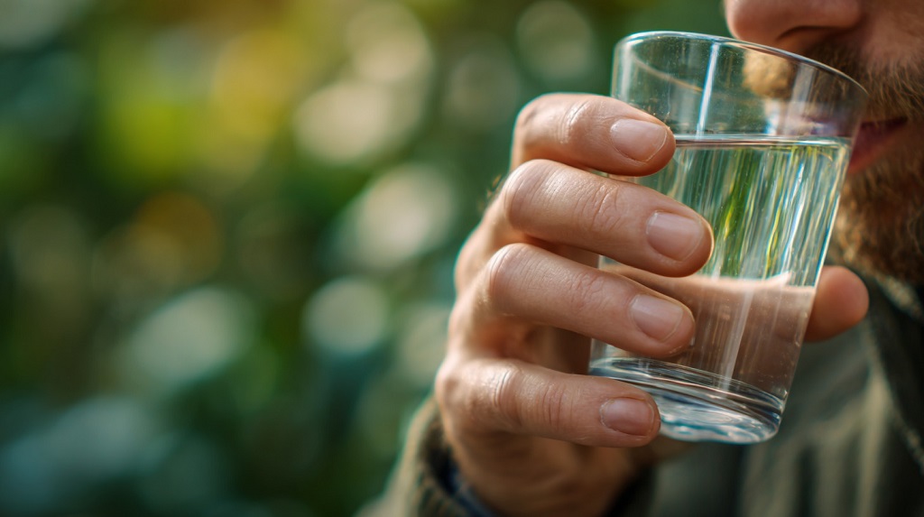 Close-up of a hand holding a glass of water near the mouth, showing simple hydration in daily life