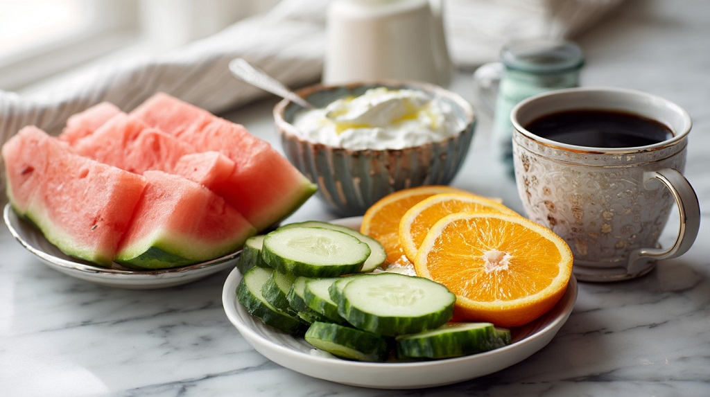 Fresh fruits, yogurt, coffee, and tea on a kitchen counter alongside a glass of water, showing multiple hydration sources