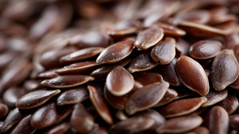 Close-up of flaxseeds showing their smooth brown surface, often used for hormone balance and natural estrogen support